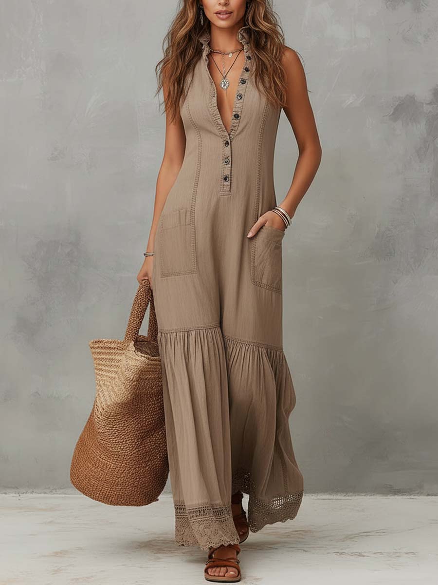 Claudia | Vestido maxi de algodón fluido sin mangas en tono arena