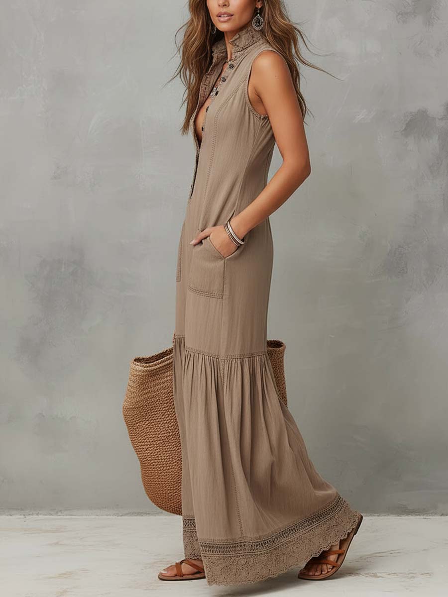 Claudia | Vestido maxi de algodón fluido sin mangas en tono arena