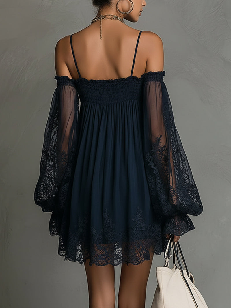 NOE - Minivestido de gasa azul marino y mangas transparentes