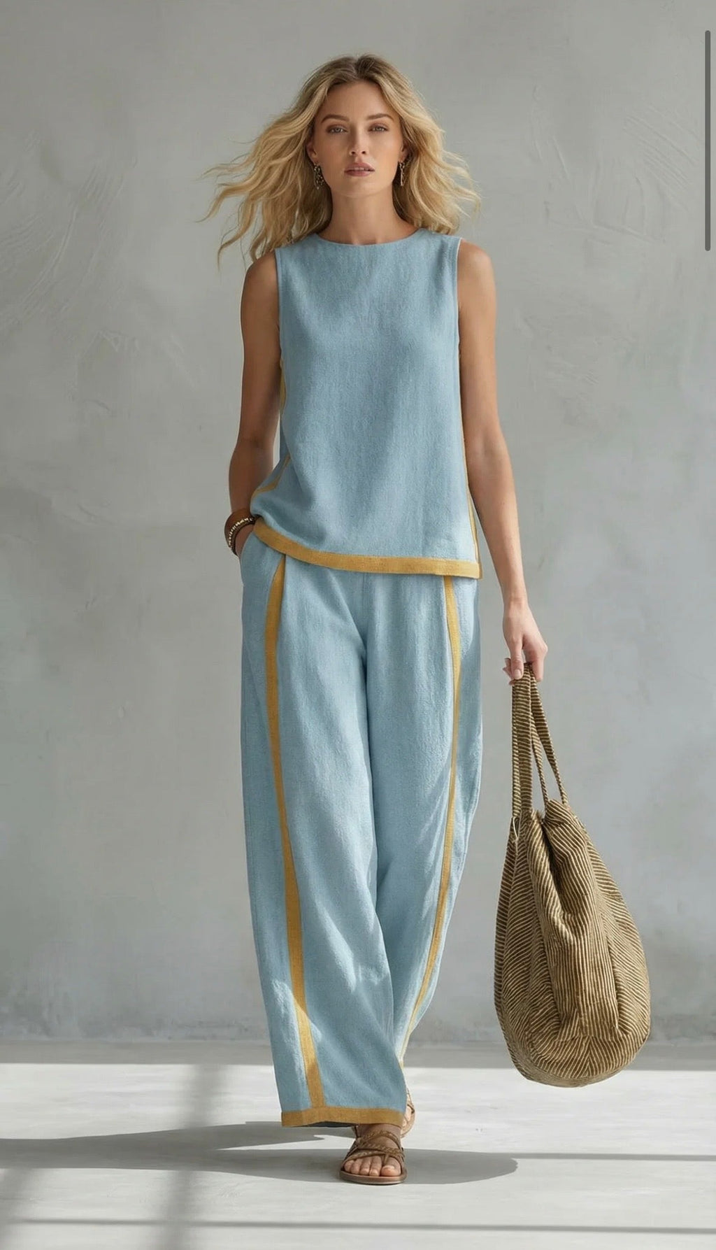 Natalia | Conjunto gris fluido con top sin mangas y pantalón ancho — elegante y cómodo