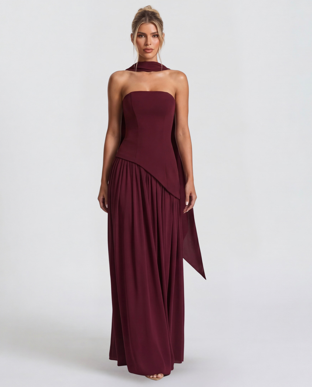Anabel | Vestido Maxi Bicolor sin Tirantes con Pañuelo