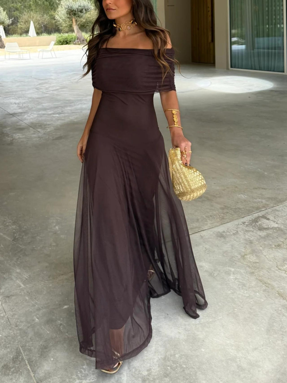 Vestido Largo Toledo de Gasa con Hombro Descubierto