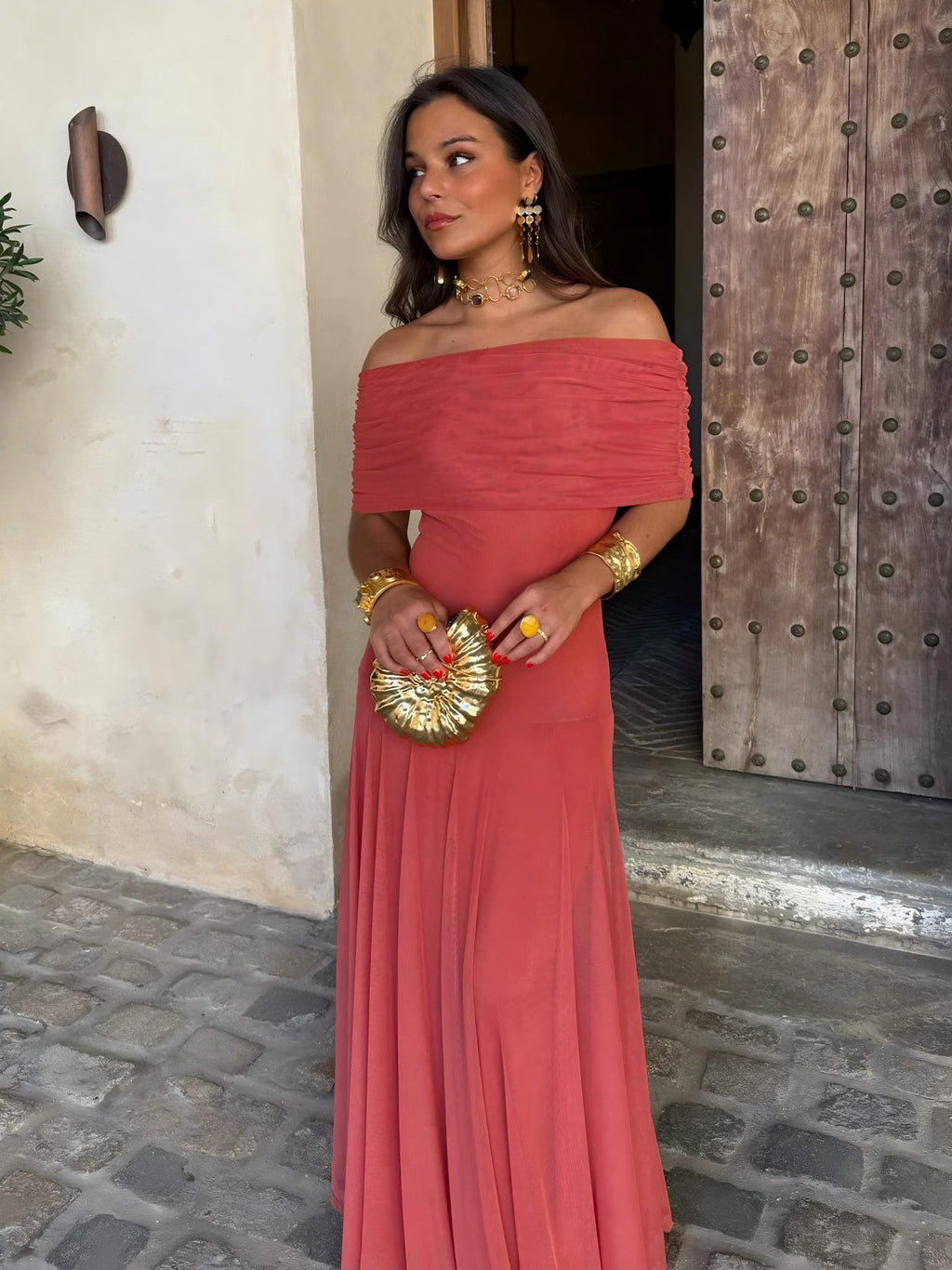 Vestido Largo Toledo de Gasa con Hombro Descubierto