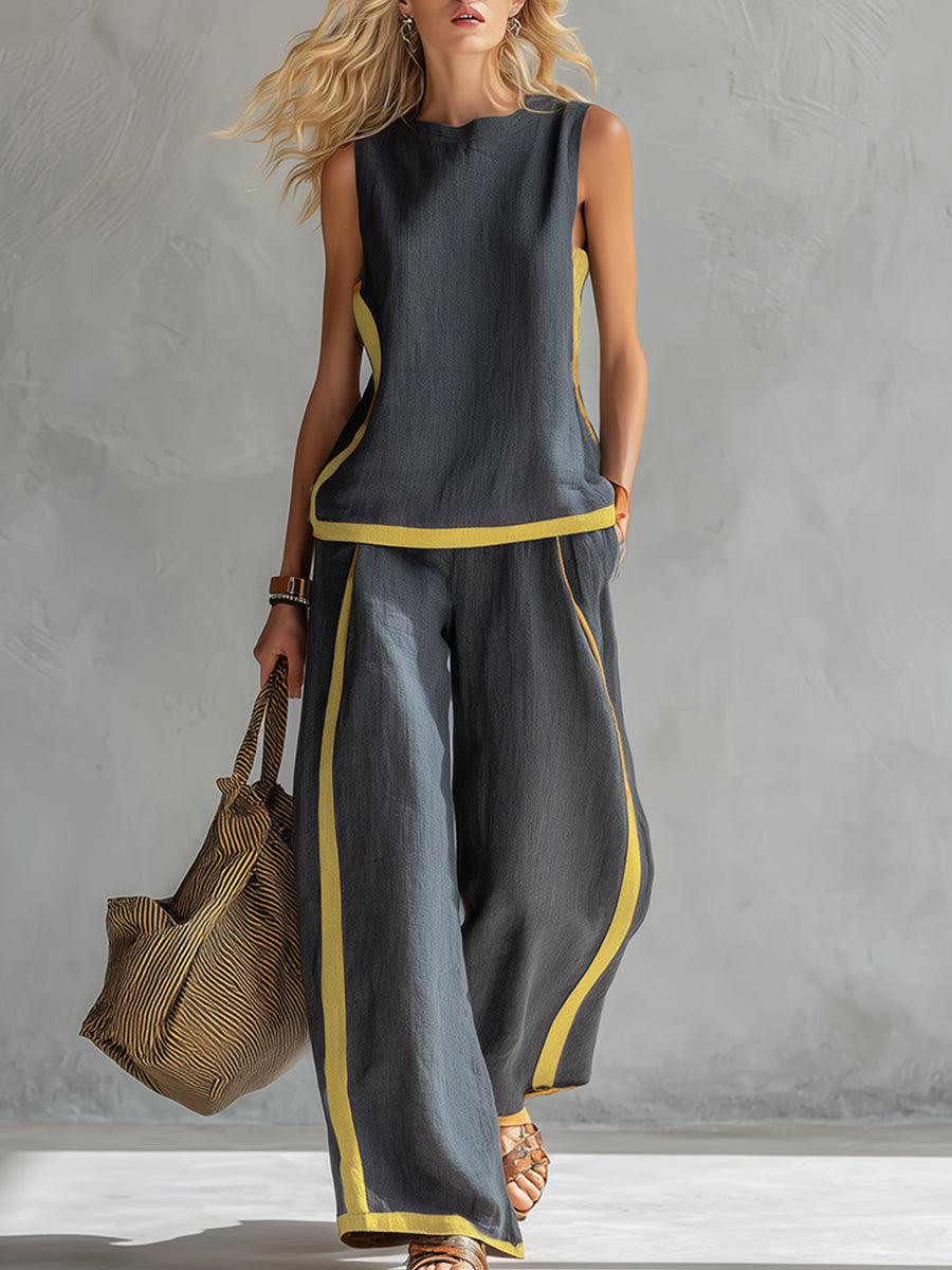 Natalia | Conjunto gris fluido con top sin mangas y pantalón ancho — elegante y cómodo