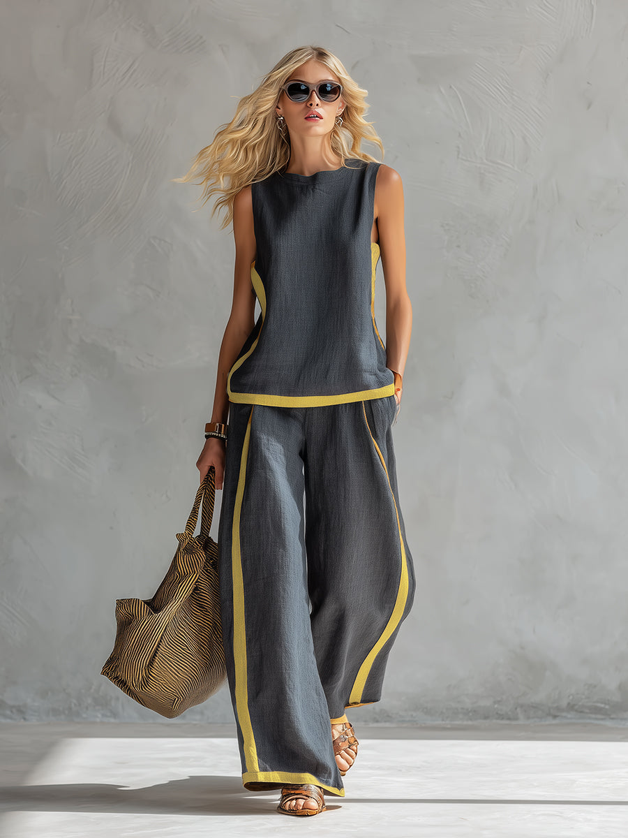 Natalia | Conjunto gris fluido con top sin mangas y pantalón ancho — elegante y cómodo