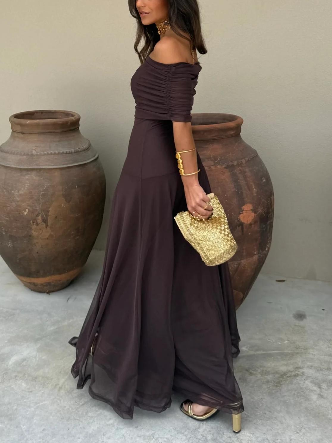 Vestido Largo Toledo de Gasa con Hombro Descubierto