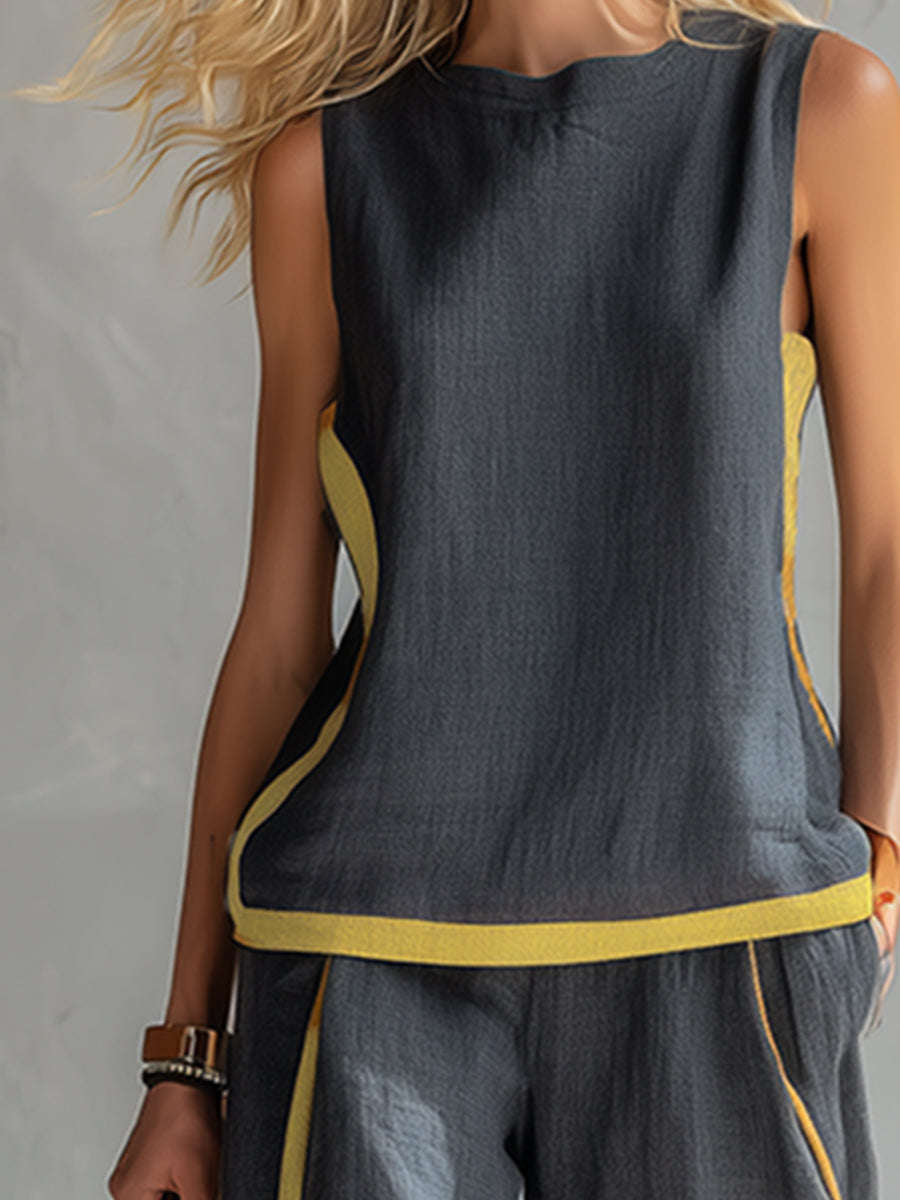 Natalia | Conjunto gris fluido con top sin mangas y pantalón ancho — elegante y cómodo