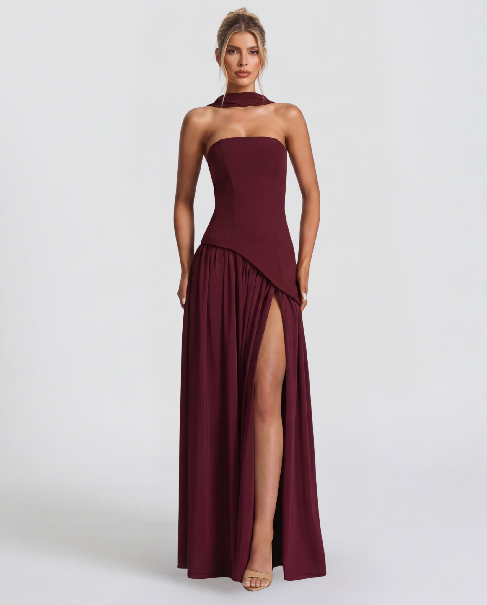 Anabel | Vestido Maxi Bicolor sin Tirantes con Pañuelo
