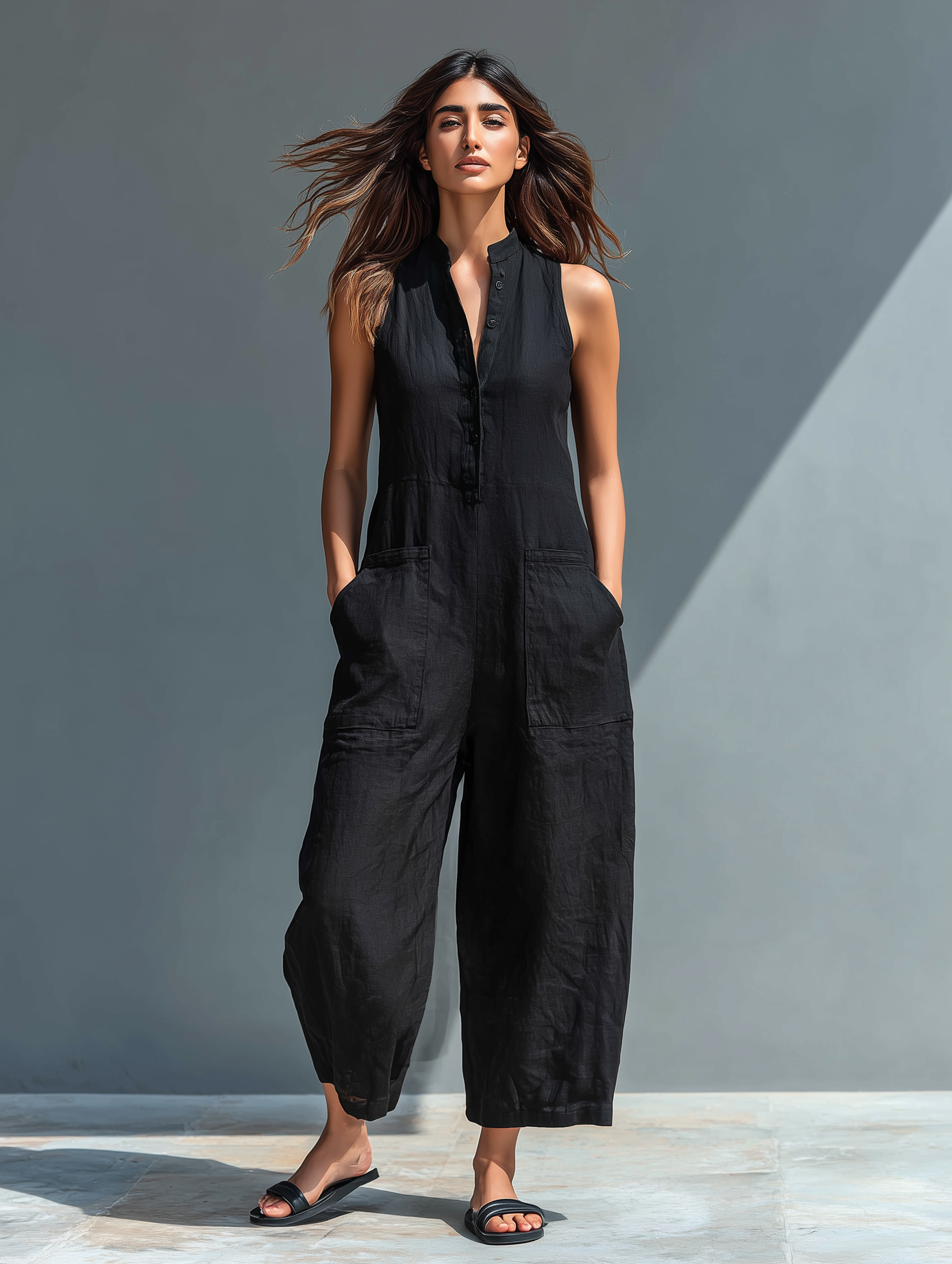 Claudia | Mono de lino minimalista para mujer: sin mangas, cuello alto y botones