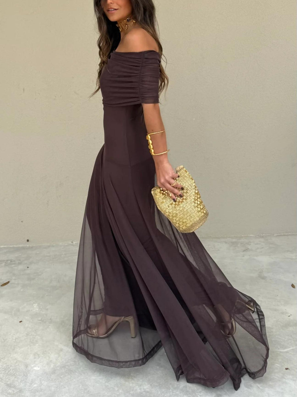 Vestido Largo Toledo de Gasa con Hombro Descubierto