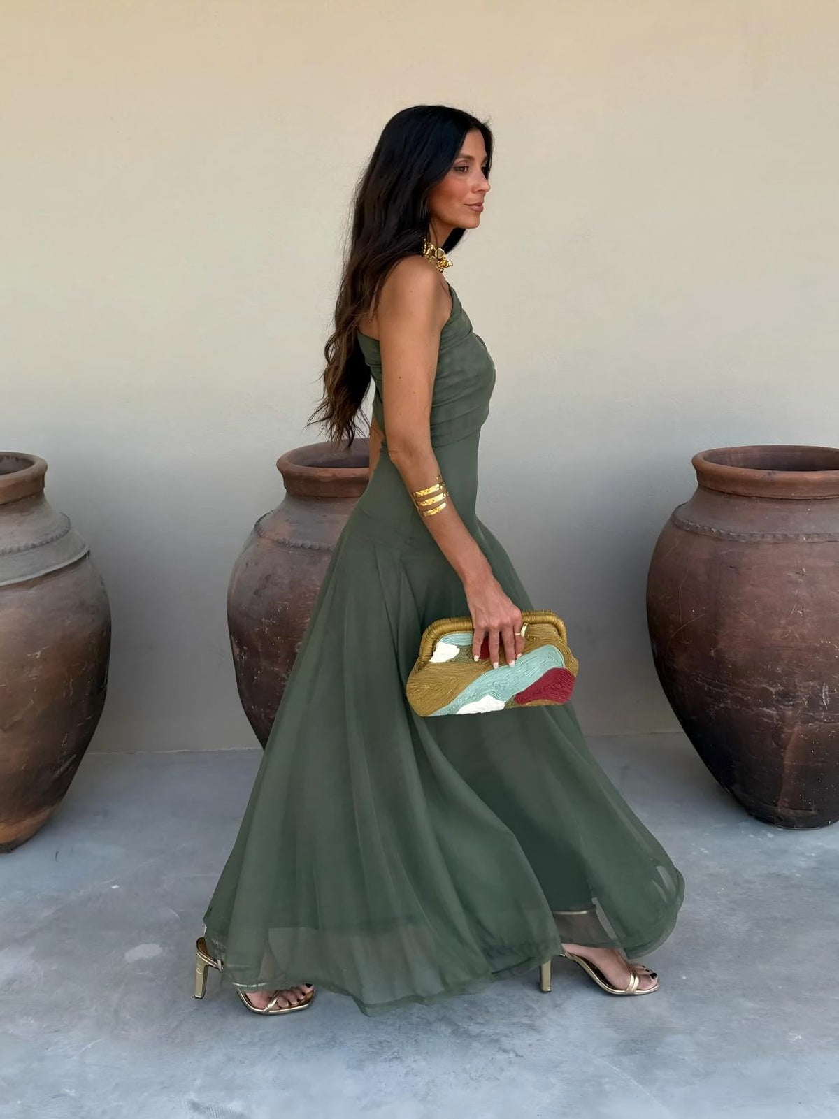 Vestido Largo Toledo de Gasa con Hombro Descubierto