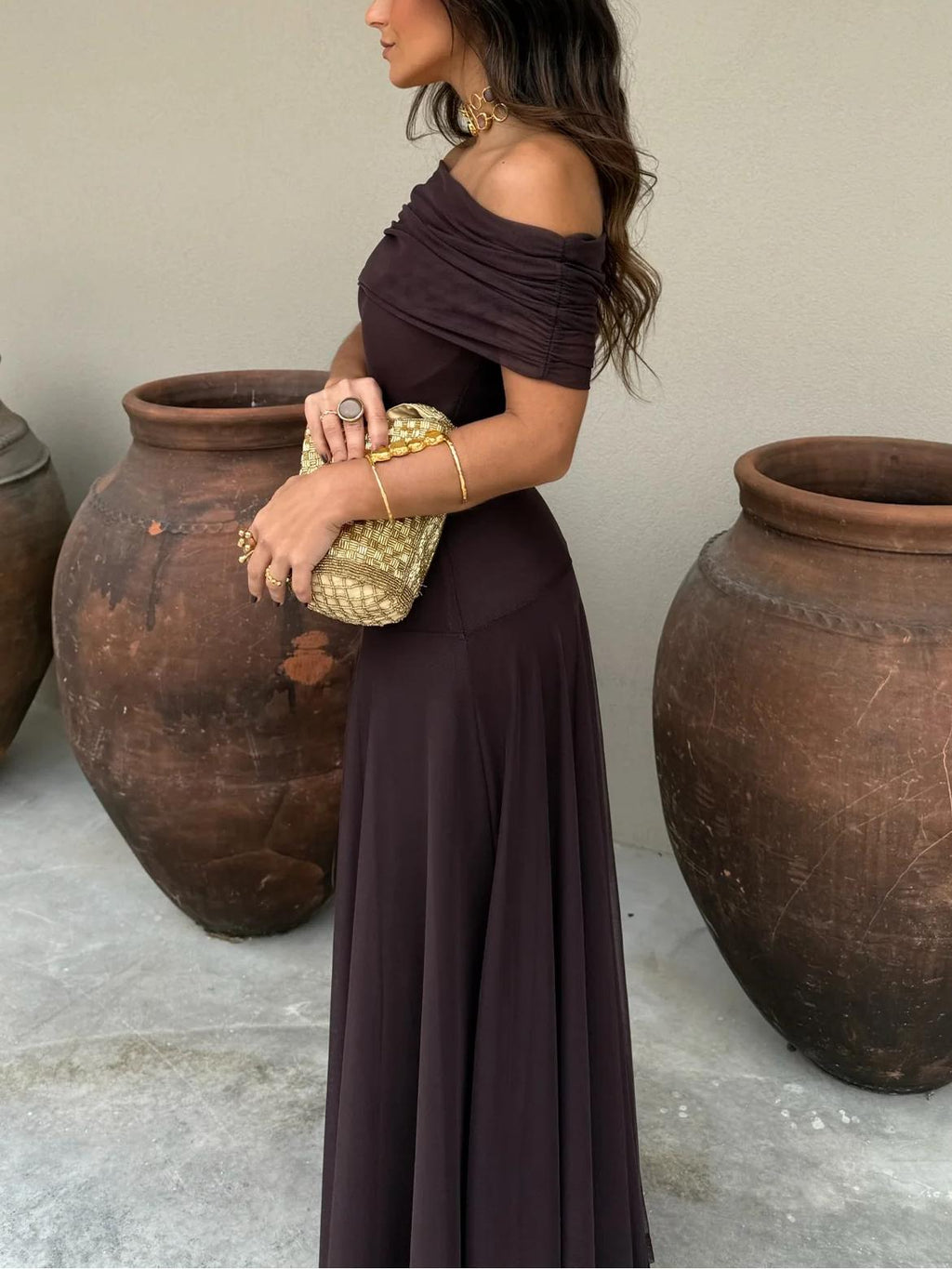 Vestido Largo Toledo de Gasa con Hombro Descubierto