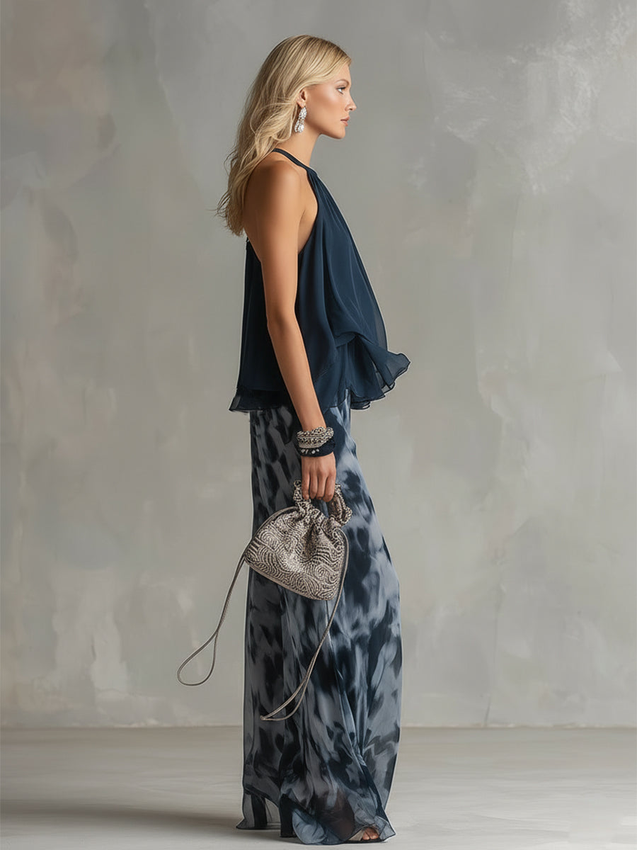LUDI | Elegante conjunto de gasa con top de cuello alto y pantalones anchos estampados