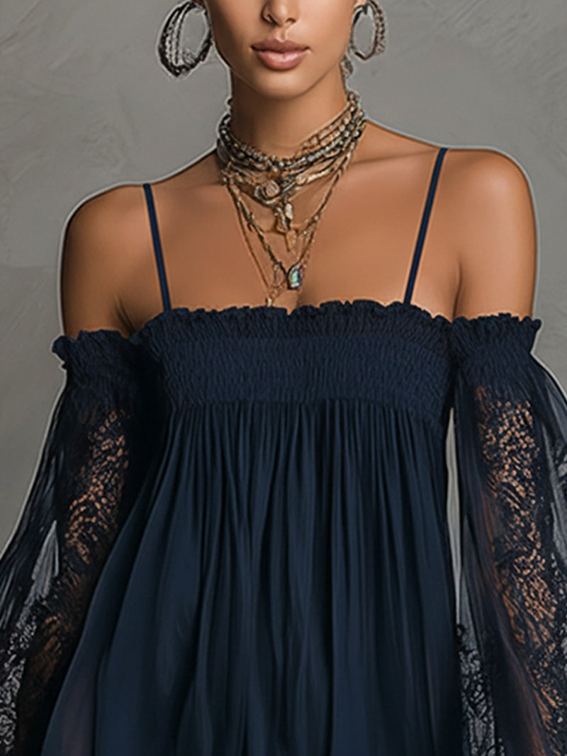 NOE - Minivestido de gasa azul marino y mangas transparentes