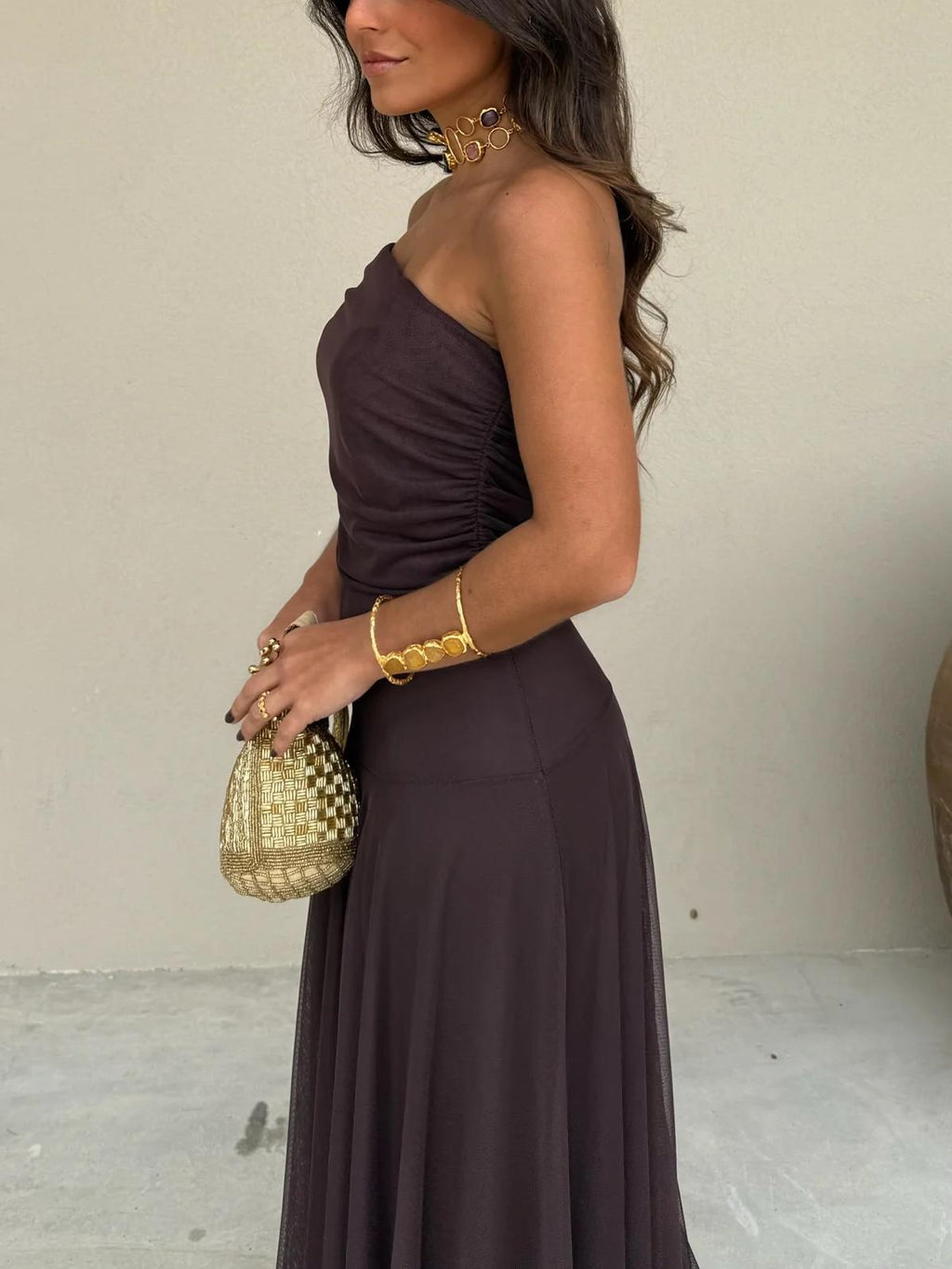 Vestido Largo Toledo de Gasa con Hombro Descubierto