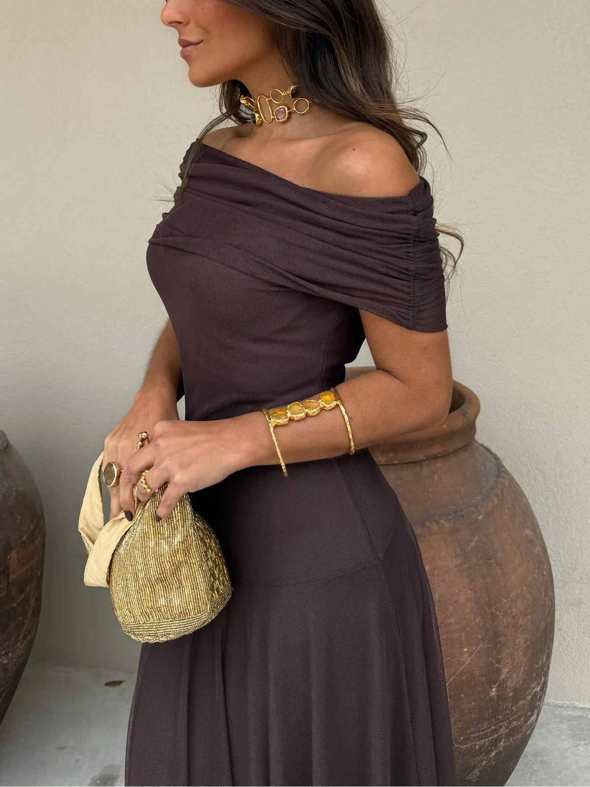 Vestido Largo Toledo de Gasa con Hombro Descubierto
