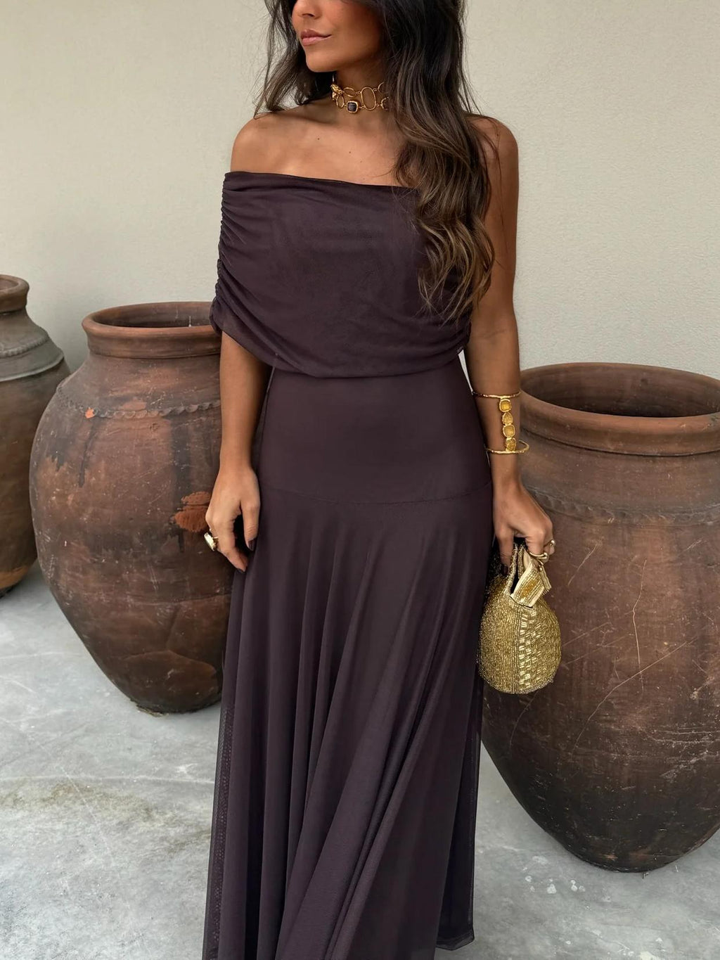 Vestido Largo Toledo de Gasa con Hombro Descubierto