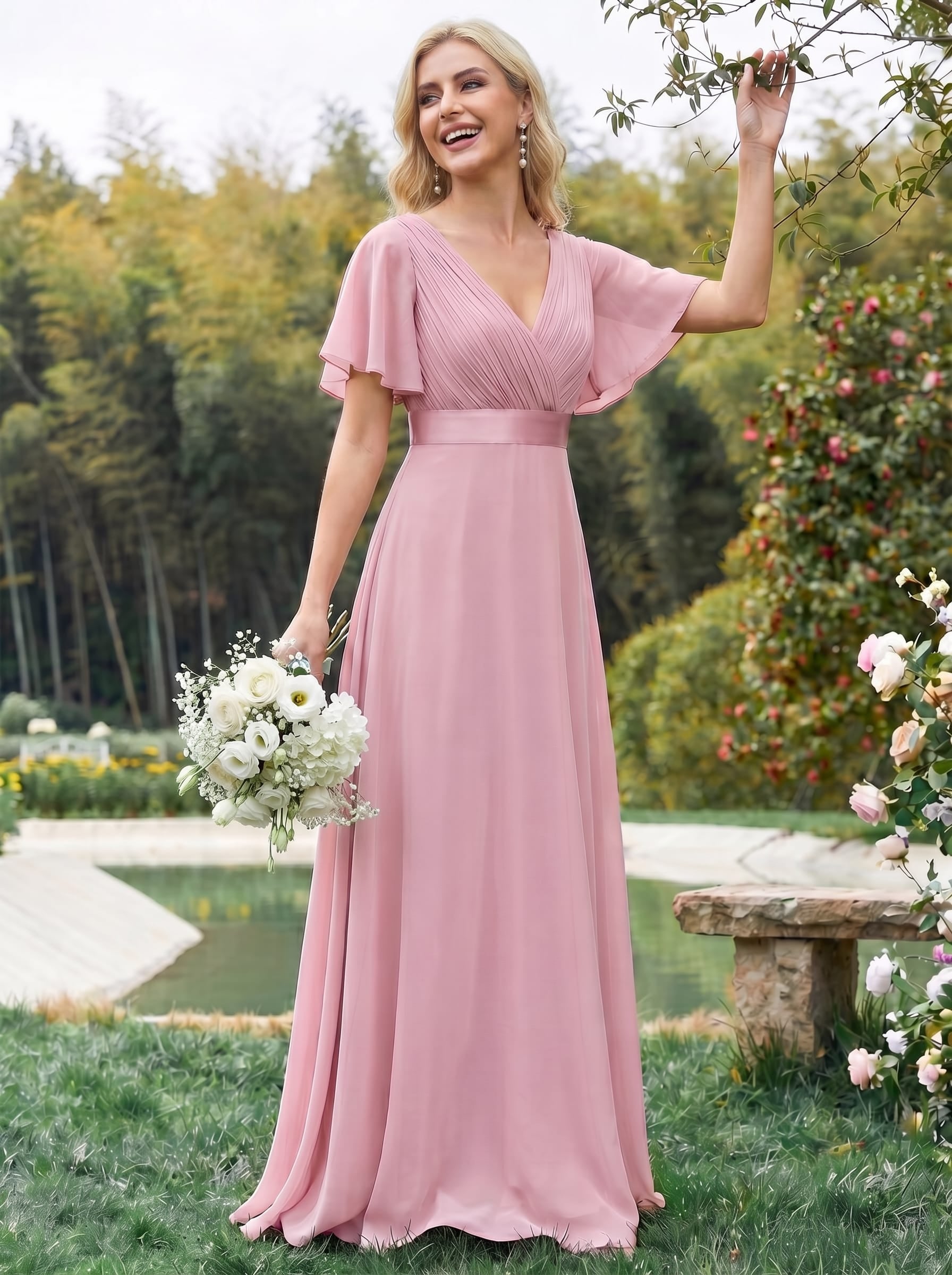 Marga | Vestido de dama de honor largo con corte imperio y mangas cortas con volantes