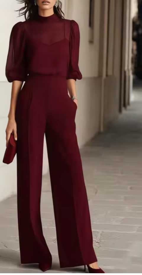 Inés™ | Conjunto de gasa con cuello alto y pantalón palazzo