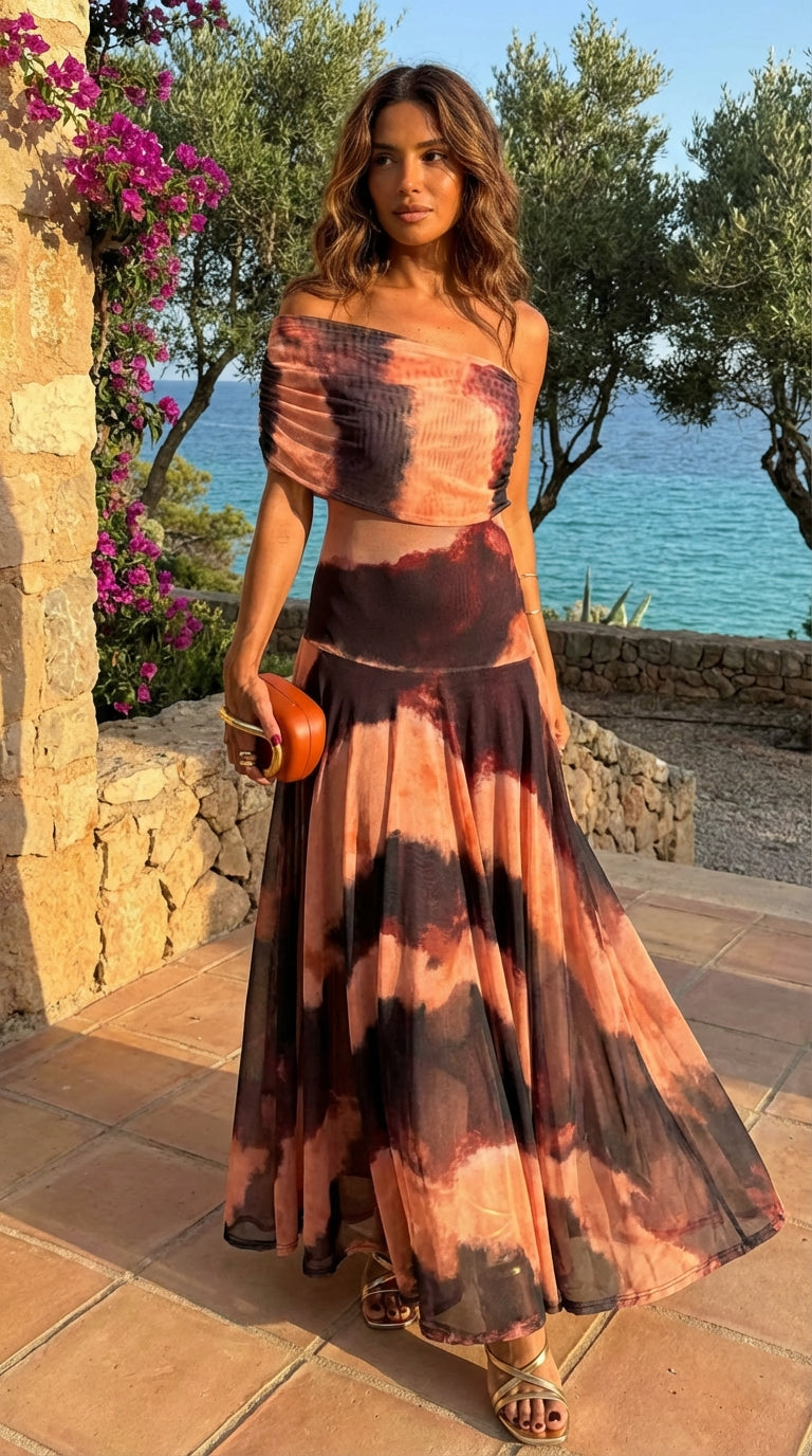 Vestido Celia Toledo Estampado Naranja y Marrón