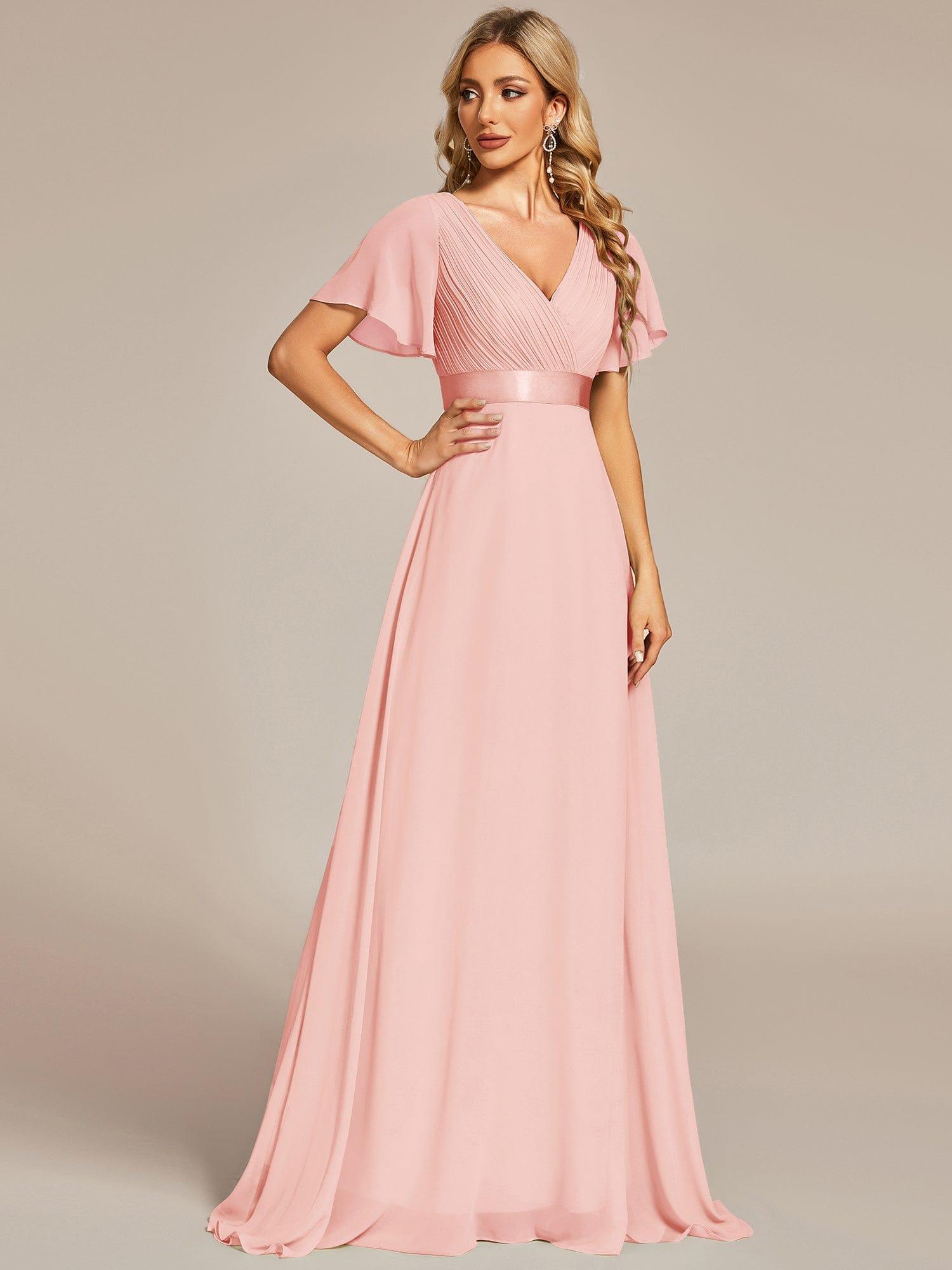 Marga | Vestido de dama de honor largo con corte imperio y mangas cortas con volantes