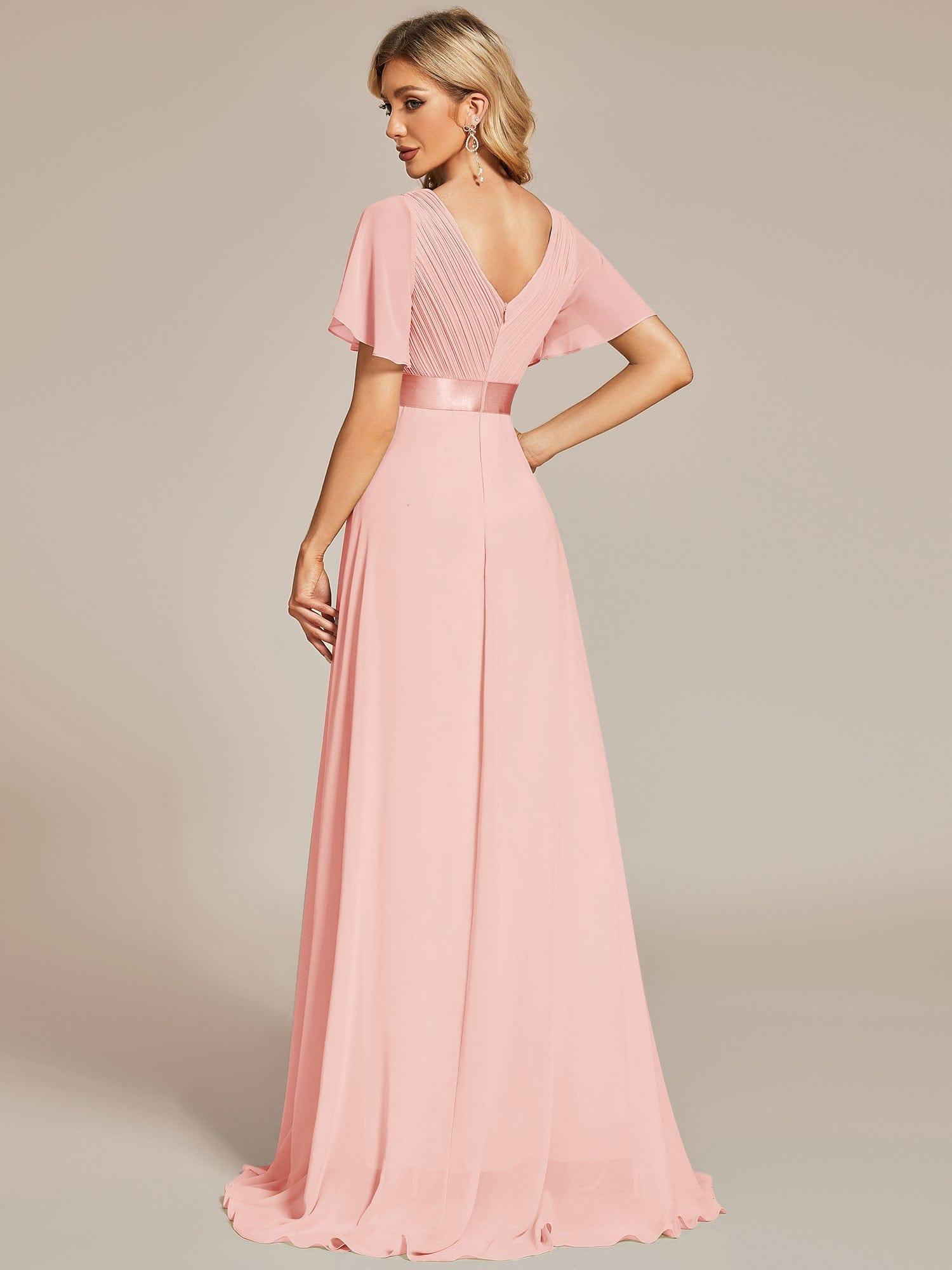 Marga | Vestido de dama de honor largo con corte imperio y mangas cortas con volantes