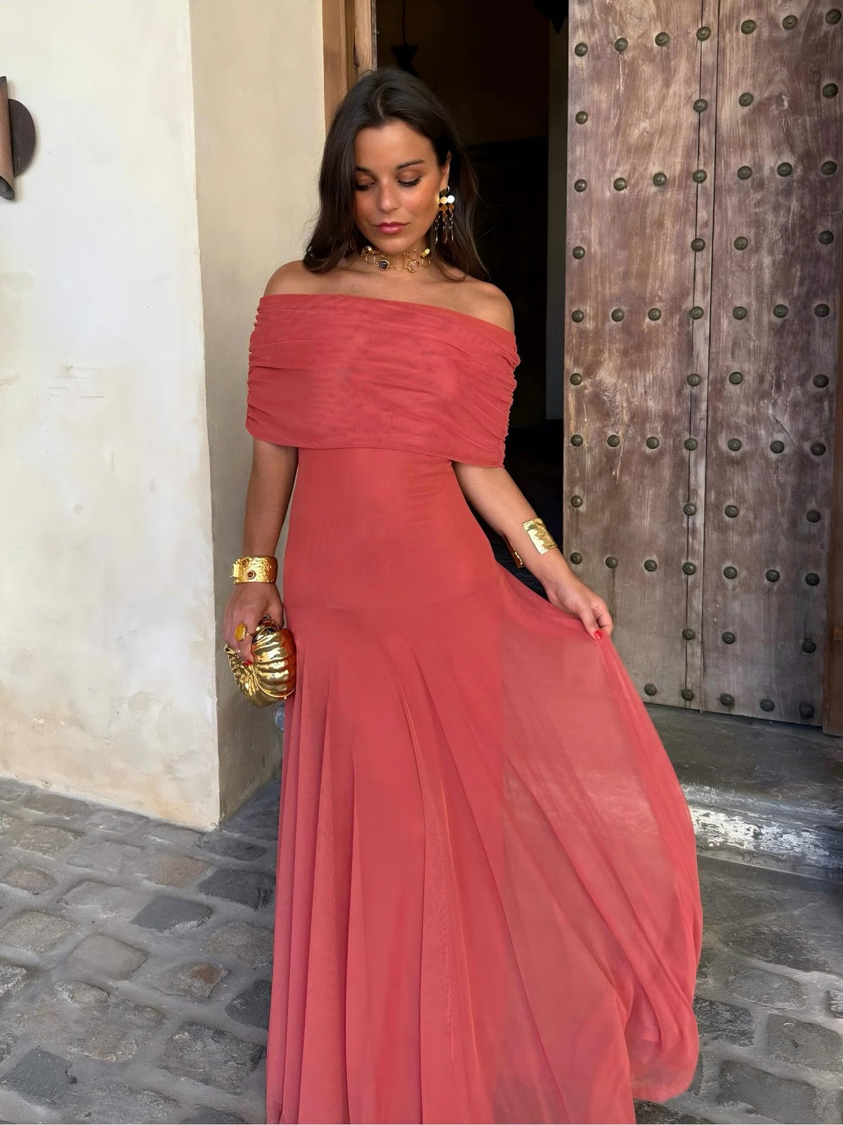 Vestido Largo Toledo de Gasa con Hombro Descubierto