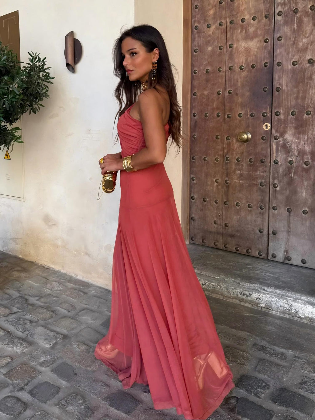 Vestido Largo Toledo de Gasa con Hombro Descubierto