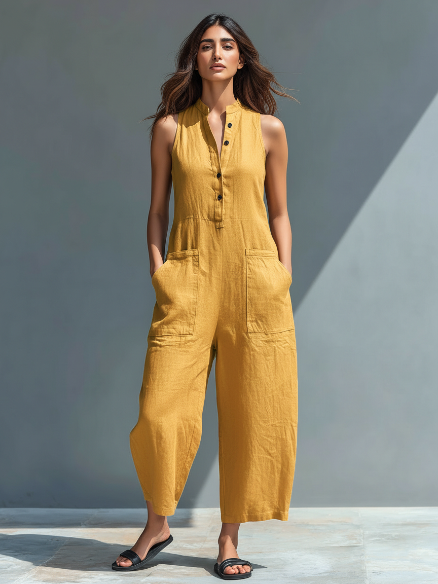 Claudia | Mono de lino minimalista para mujer: sin mangas, cuello alto y botones