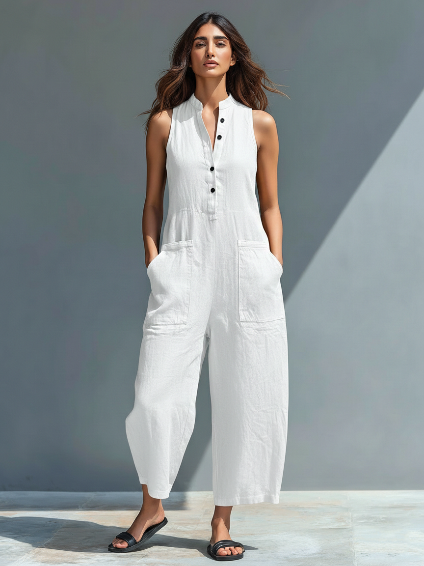 Claudia | Mono de lino minimalista para mujer: sin mangas, cuello alto y botones