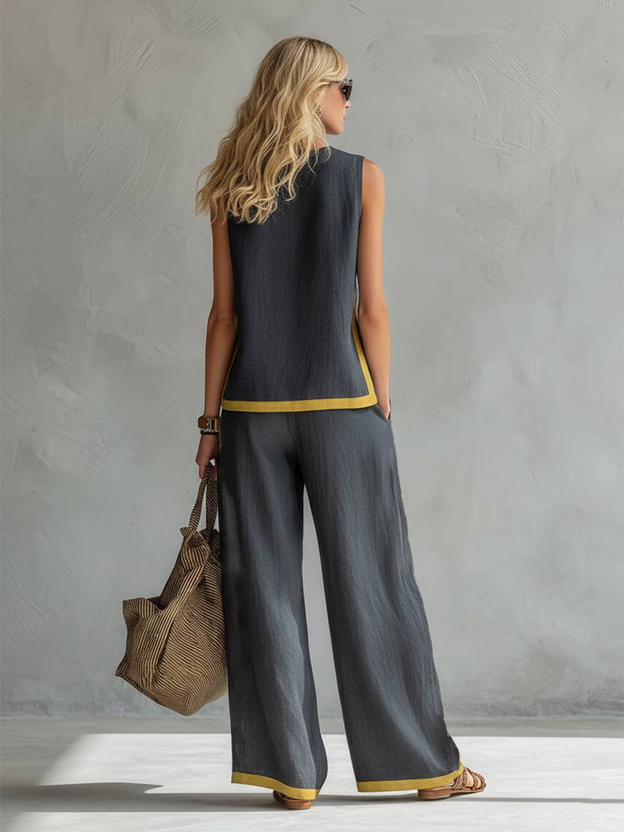 Natalia | Conjunto gris fluido con top sin mangas y pantalón ancho — elegante y cómodo
