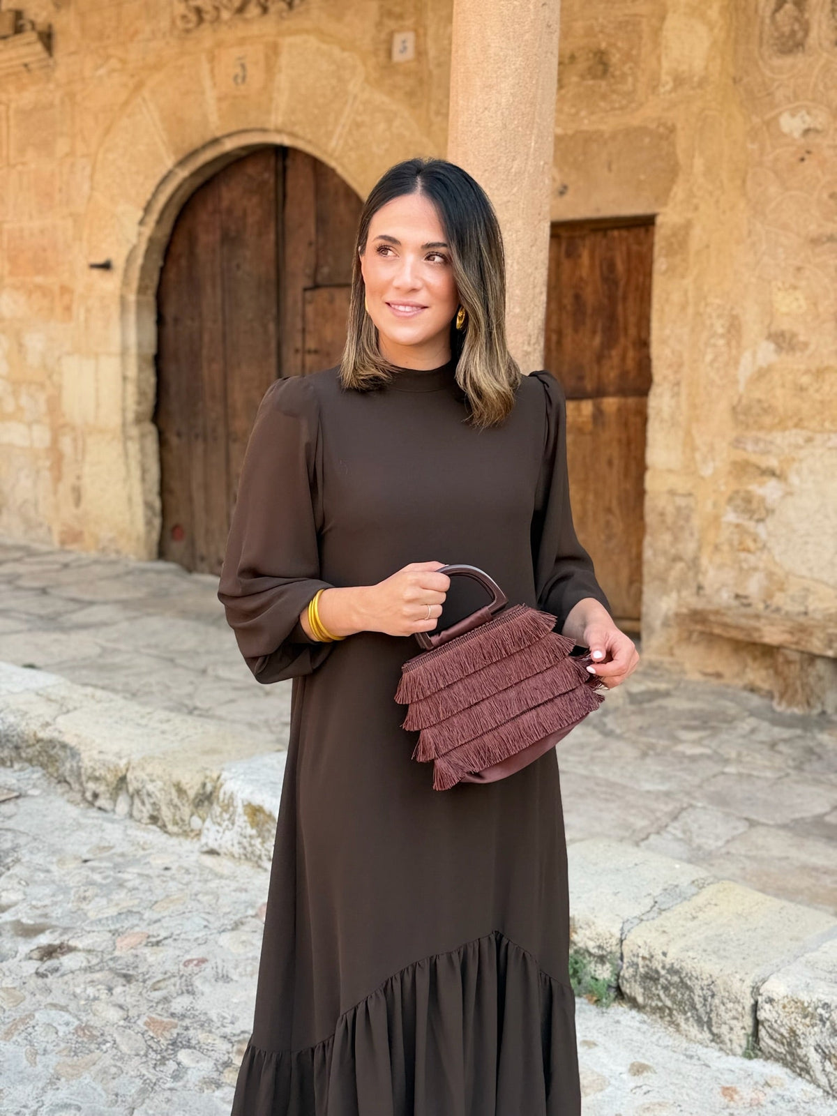 Vestido gasa liso marrón | Andrea