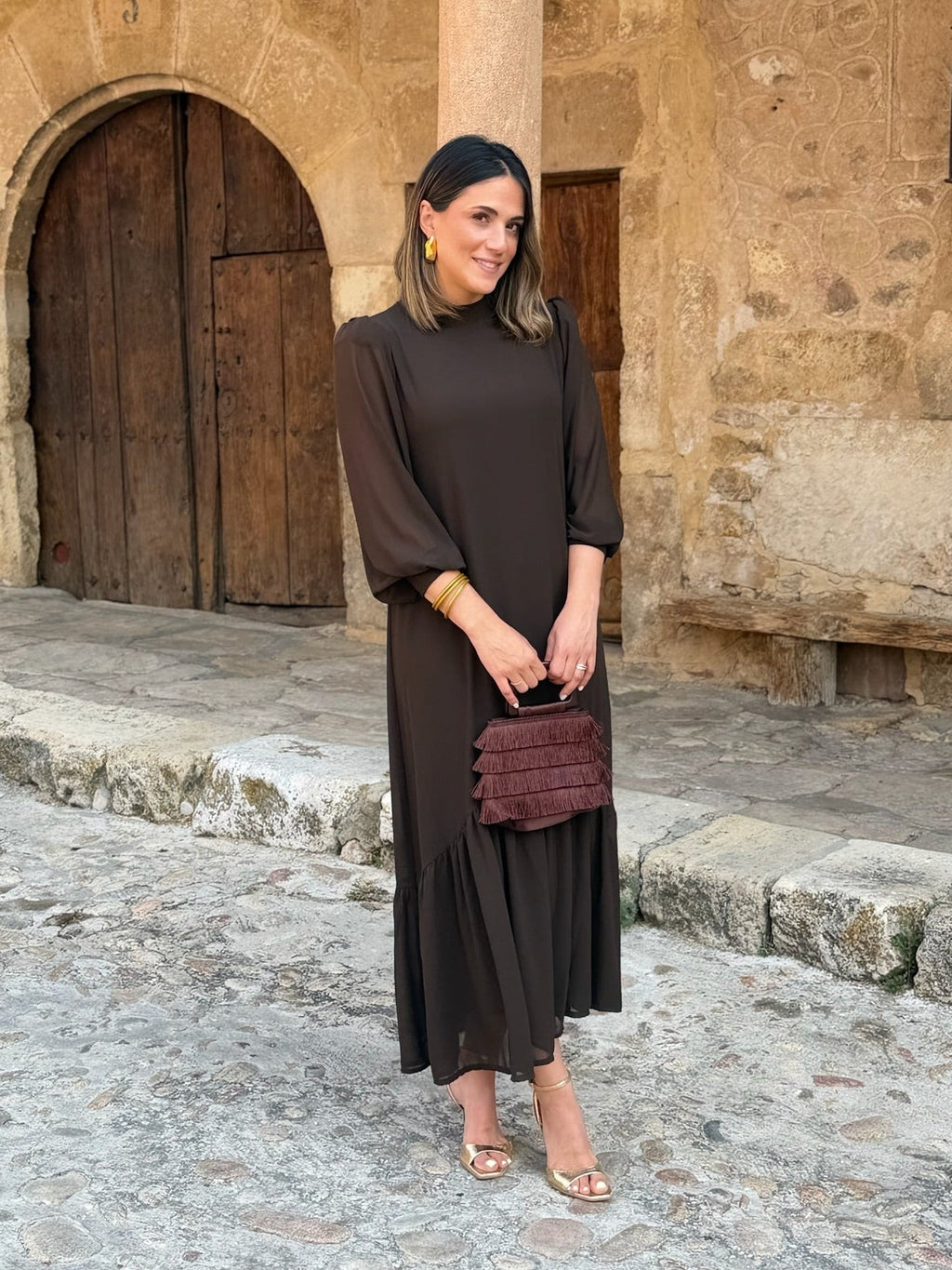 Vestido gasa liso marrón | Andrea
