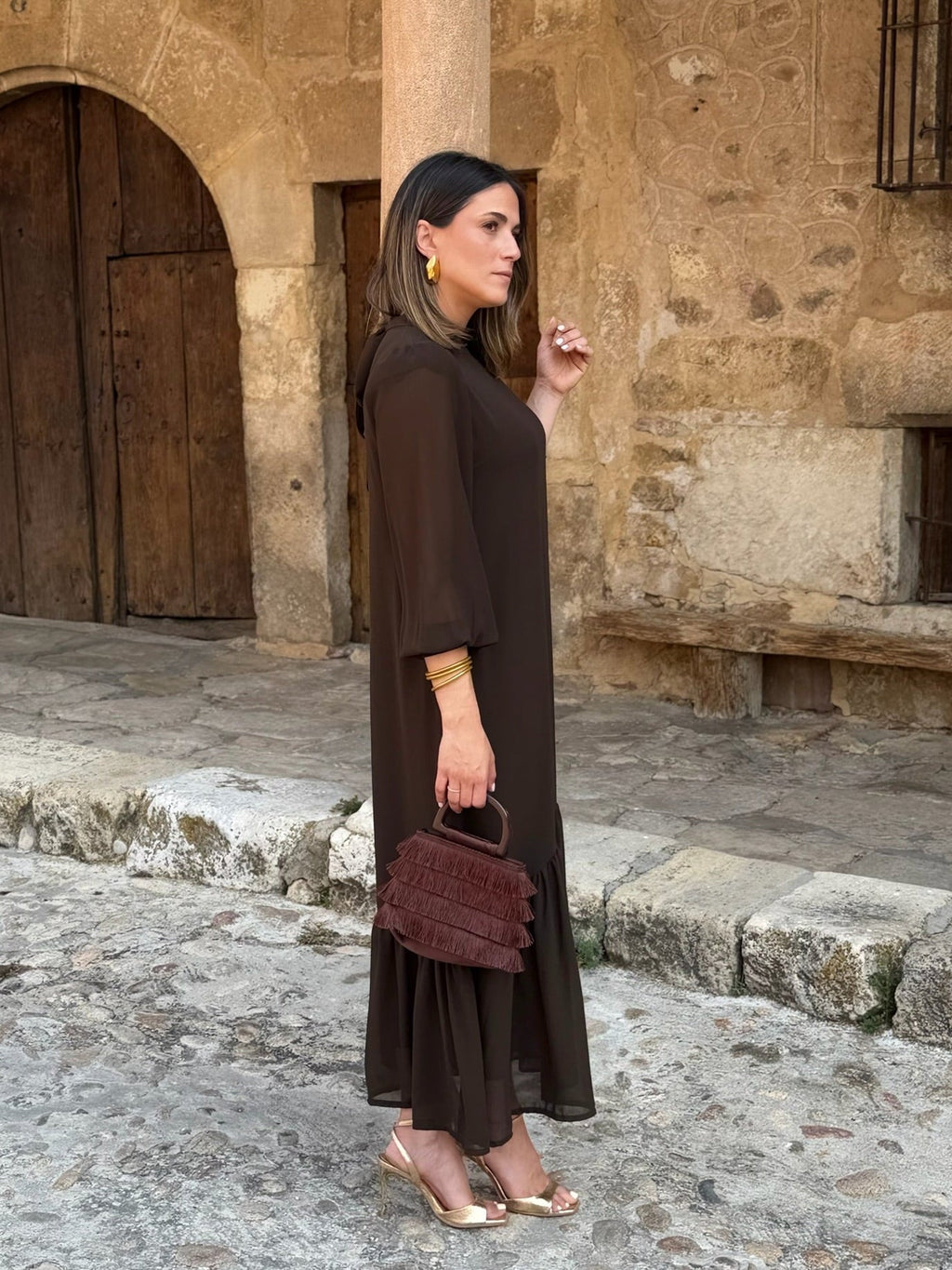 Vestido gasa liso marrón | Andrea