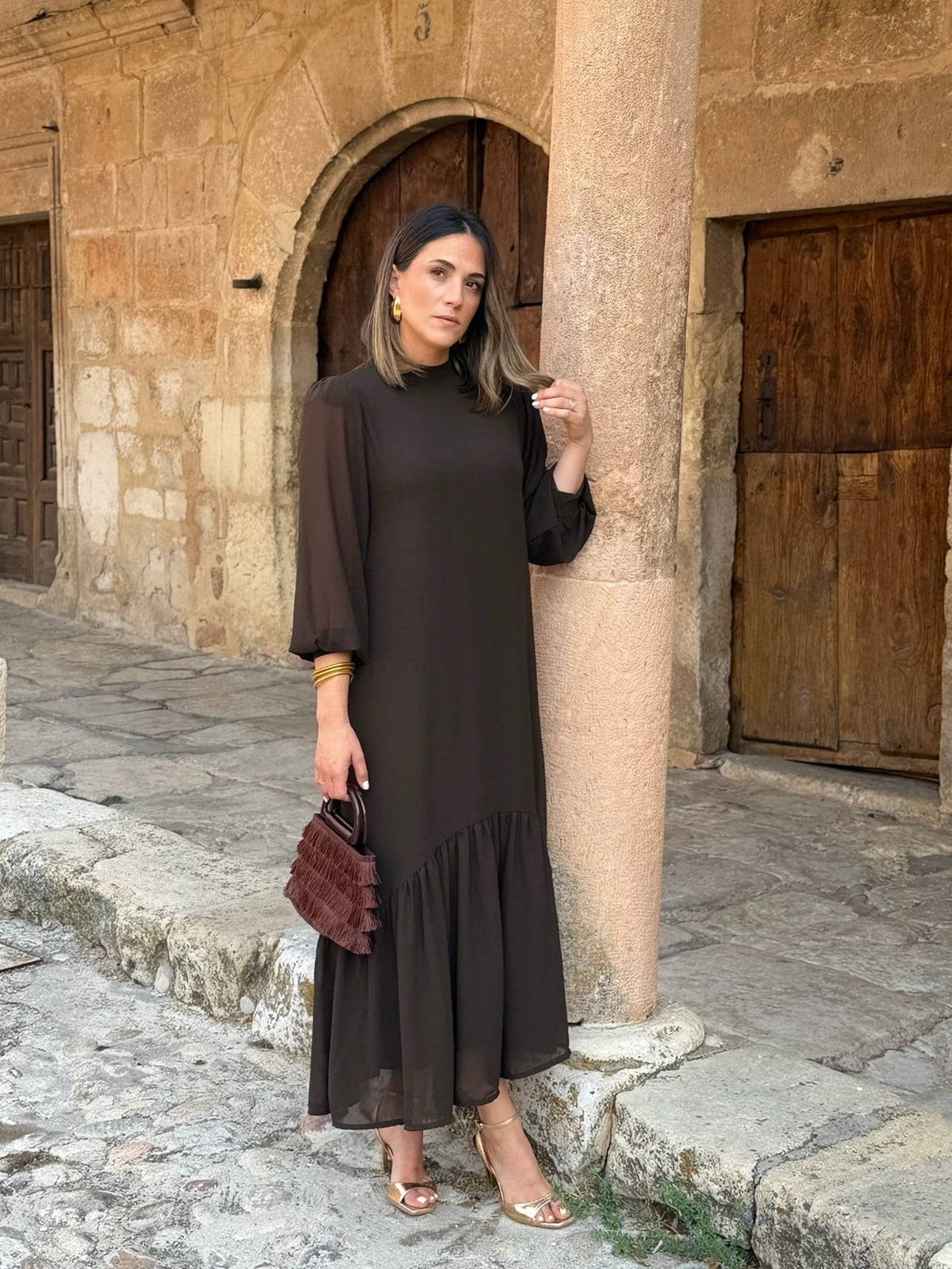 Vestido gasa liso marrón | Andrea
