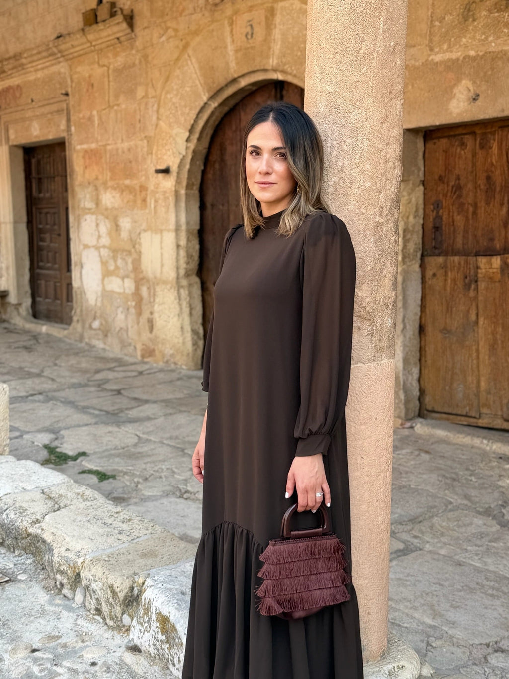 Vestido gasa liso marrón | Andrea