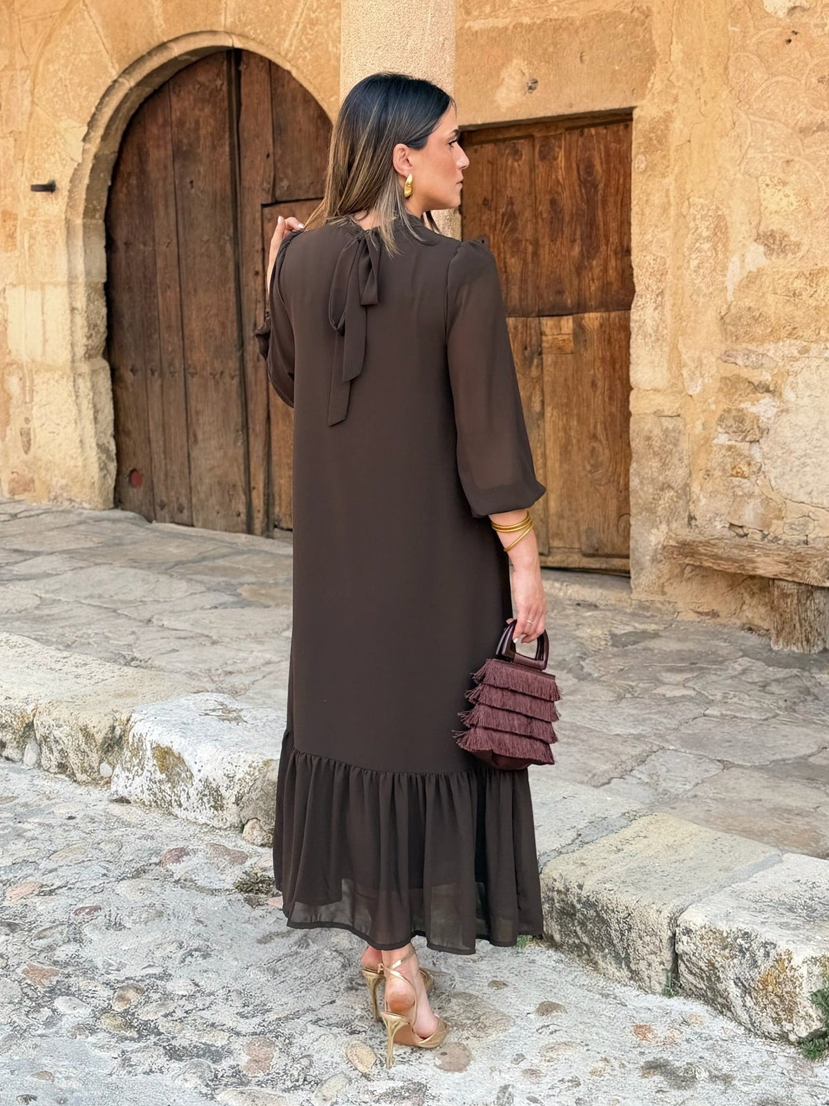 Vestido gasa liso marrón | Andrea