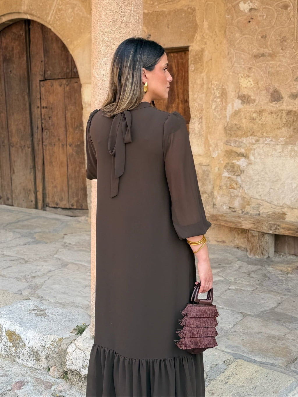 Vestido gasa liso marrón | Andrea