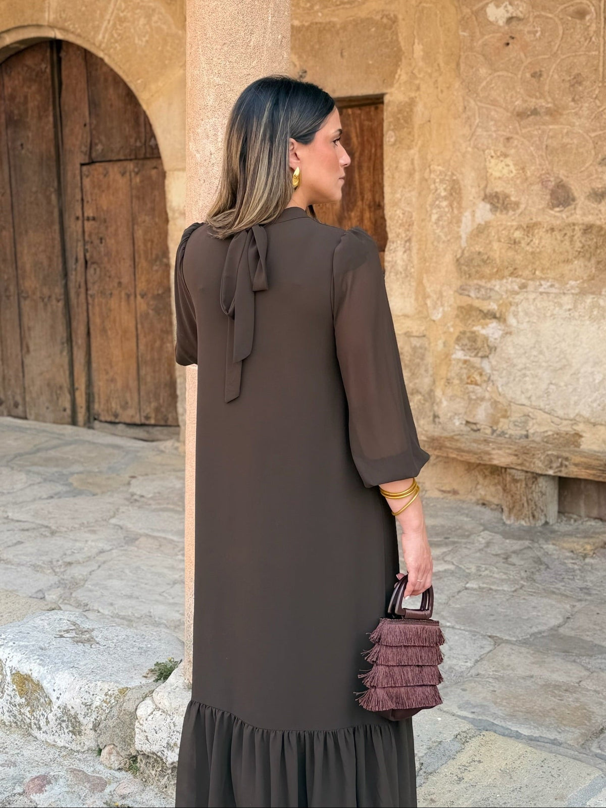 Vestido gasa liso marrón | Andrea