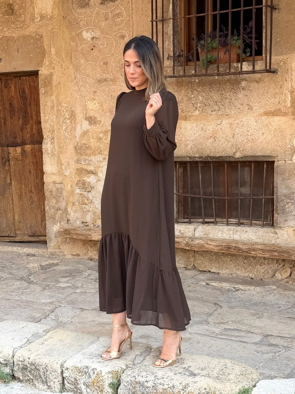 Vestido gasa liso marrón | Andrea