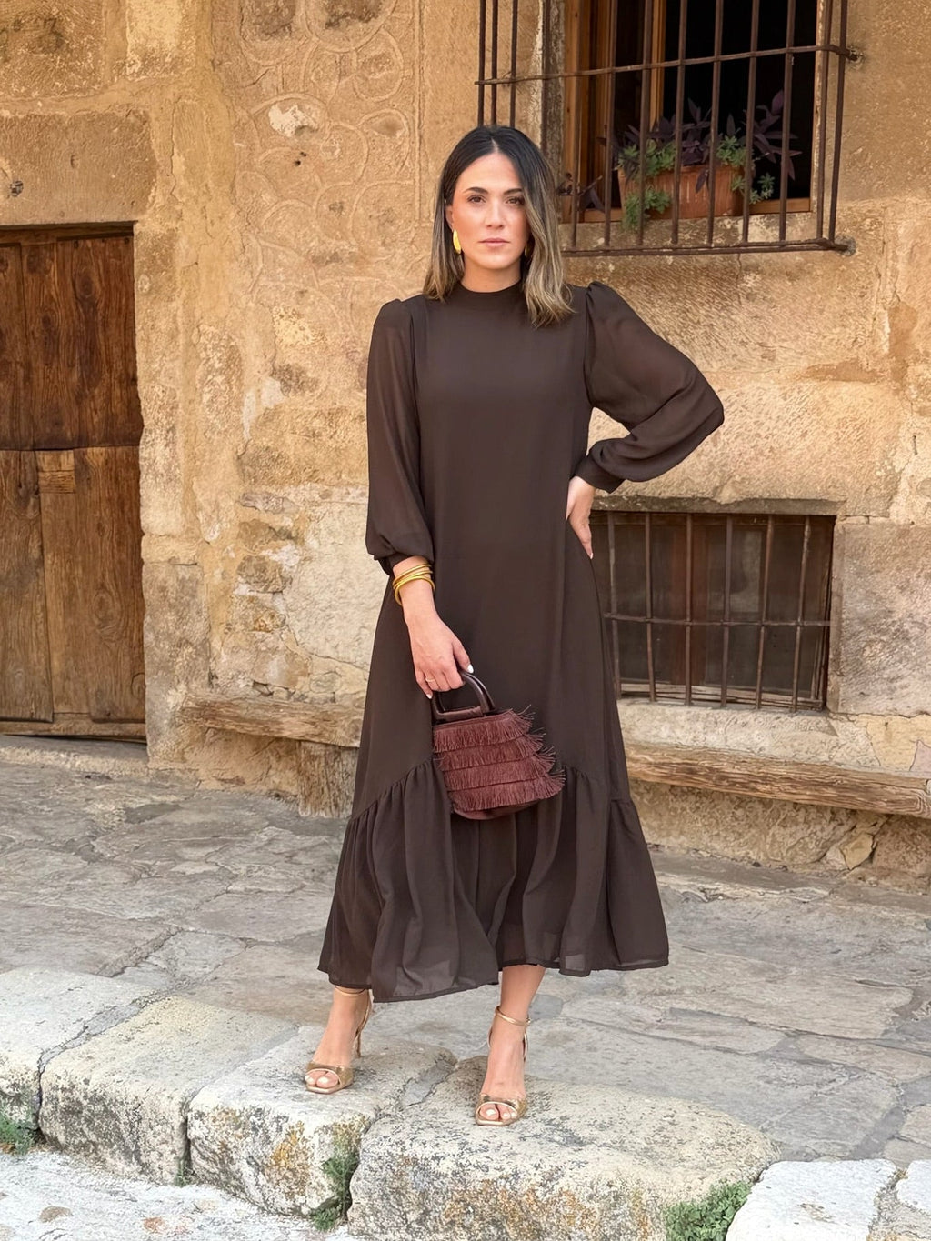 Vestido gasa liso marrón | Andrea