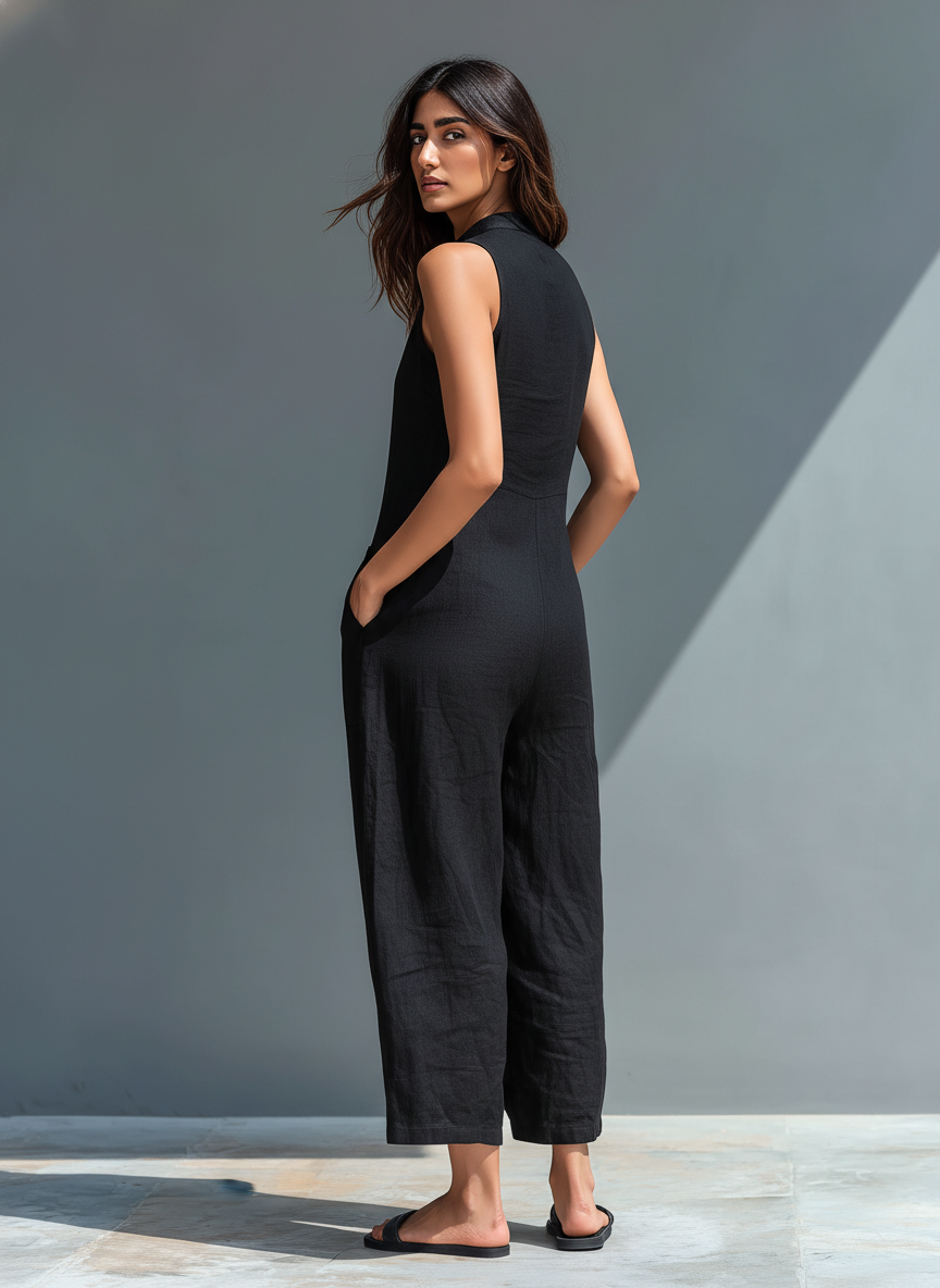 Claudia | Mono de lino minimalista para mujer: sin mangas, cuello alto y botones