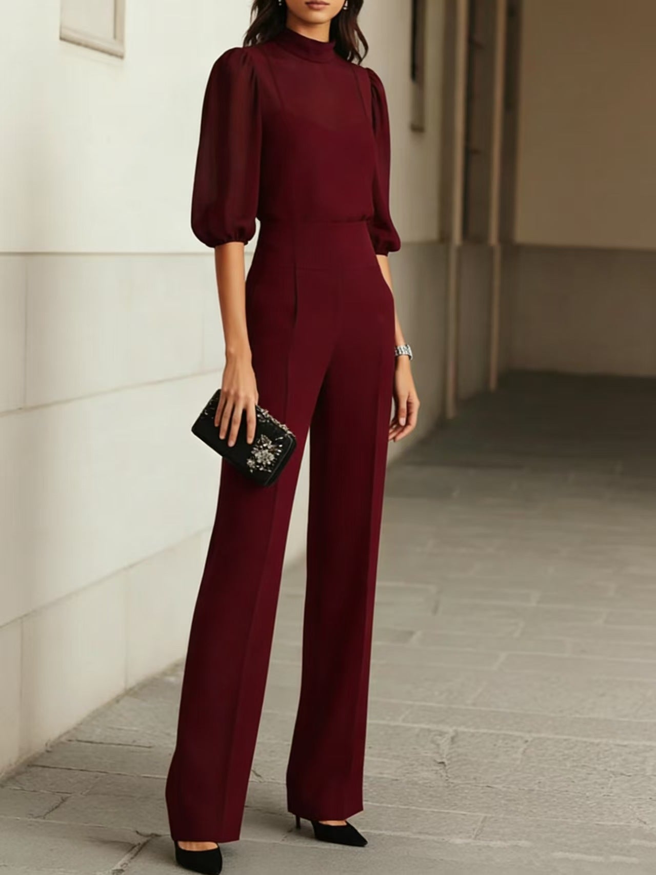 Inés™ | Conjunto de gasa con cuello alto y pantalón palazzo
