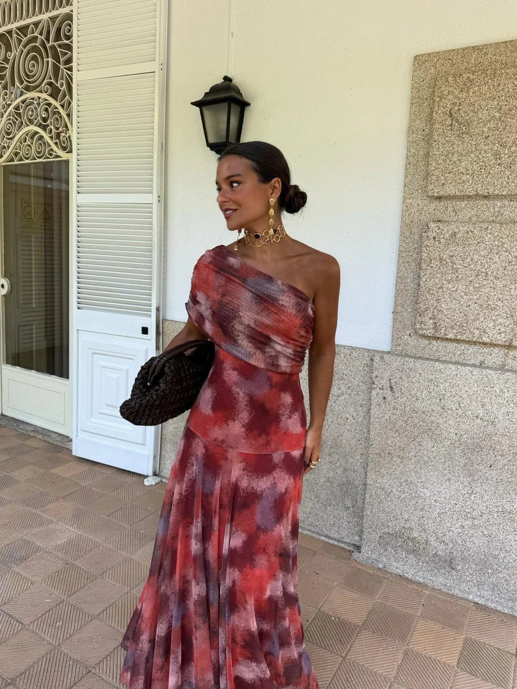 Vestido Largo Toledo de Gasa con Hombro Descubierto