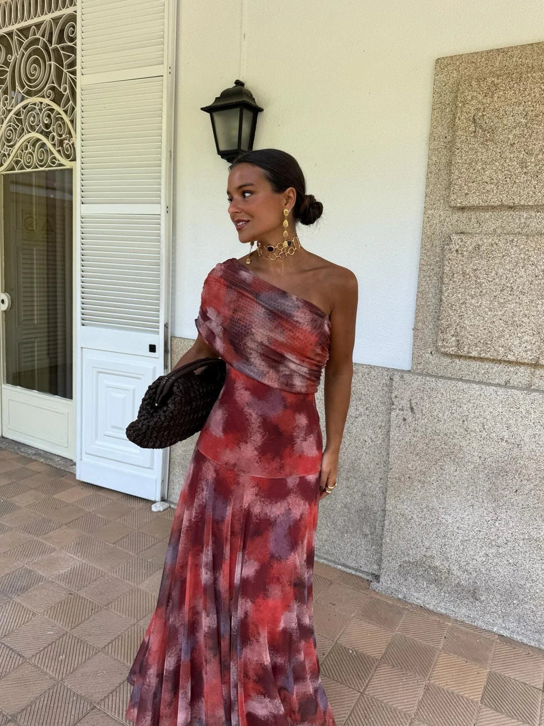 Vestido Largo Toledo de Gasa con Hombro Descubierto
