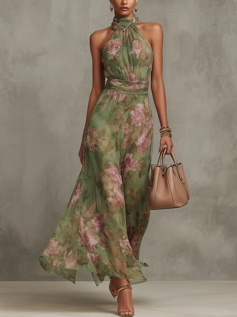 Aya | Vestido largo con estampado floral y cuello halter