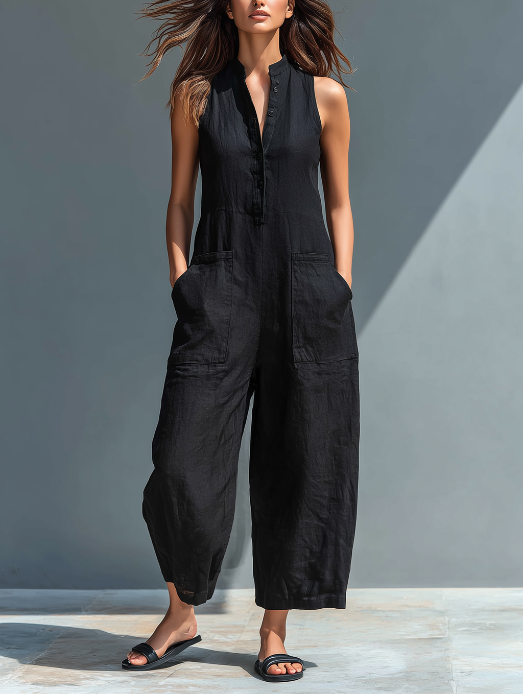 Claudia | Mono de lino minimalista para mujer: sin mangas, cuello alto y botones