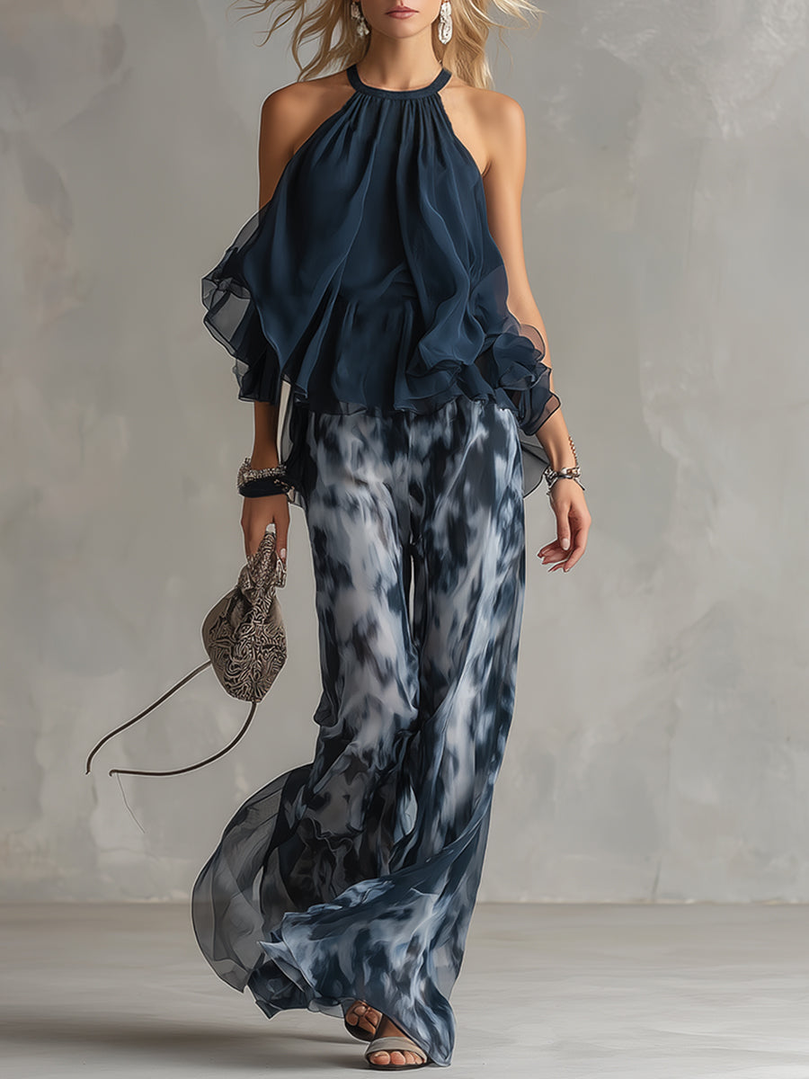 LUDI | Elegante conjunto de gasa con top de cuello alto y pantalones anchos estampados