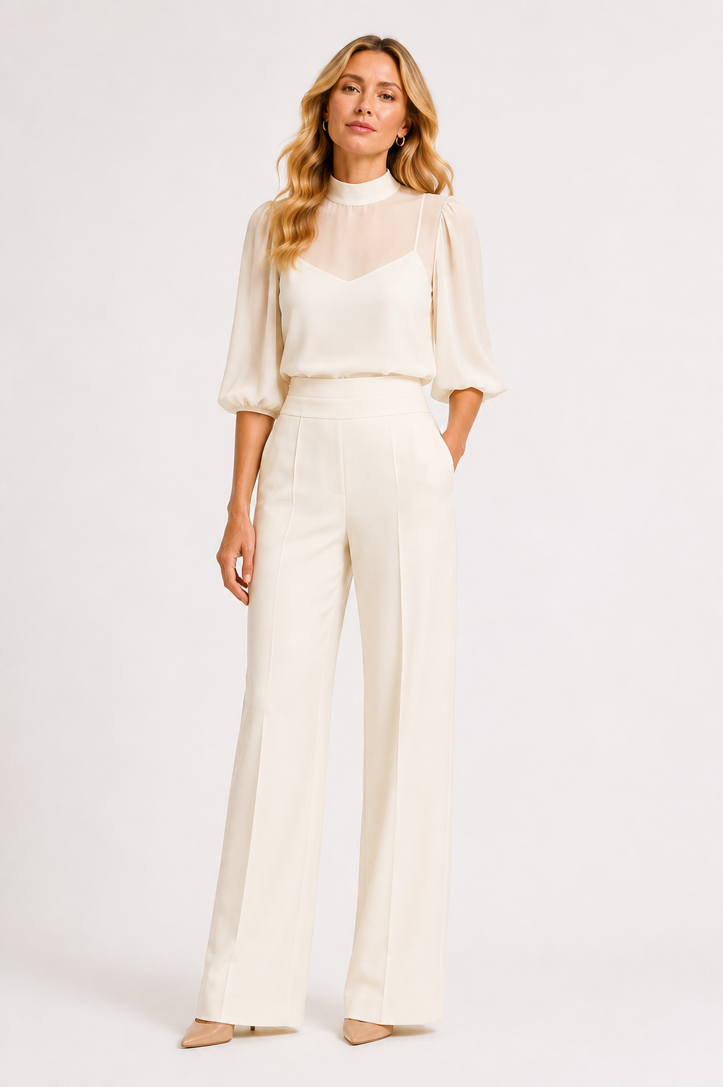 Inés™ | Conjunto de gasa con cuello alto y pantalón palazzo