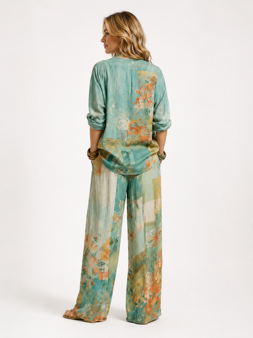 Alba | Conjunto estampado de caída fluida y pantalón ancho